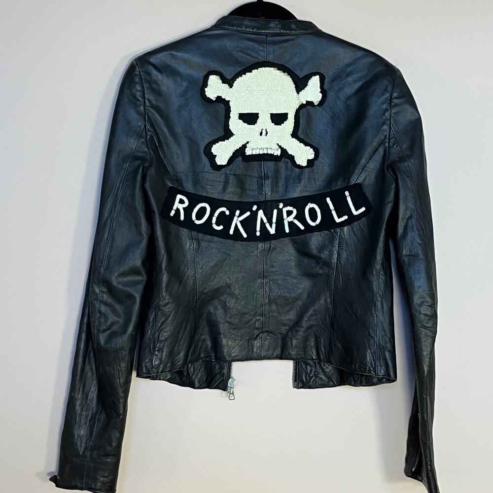 VTG John Richmond Leather Jacket Rock'N'Roll Sequin Skull Black White Size 8